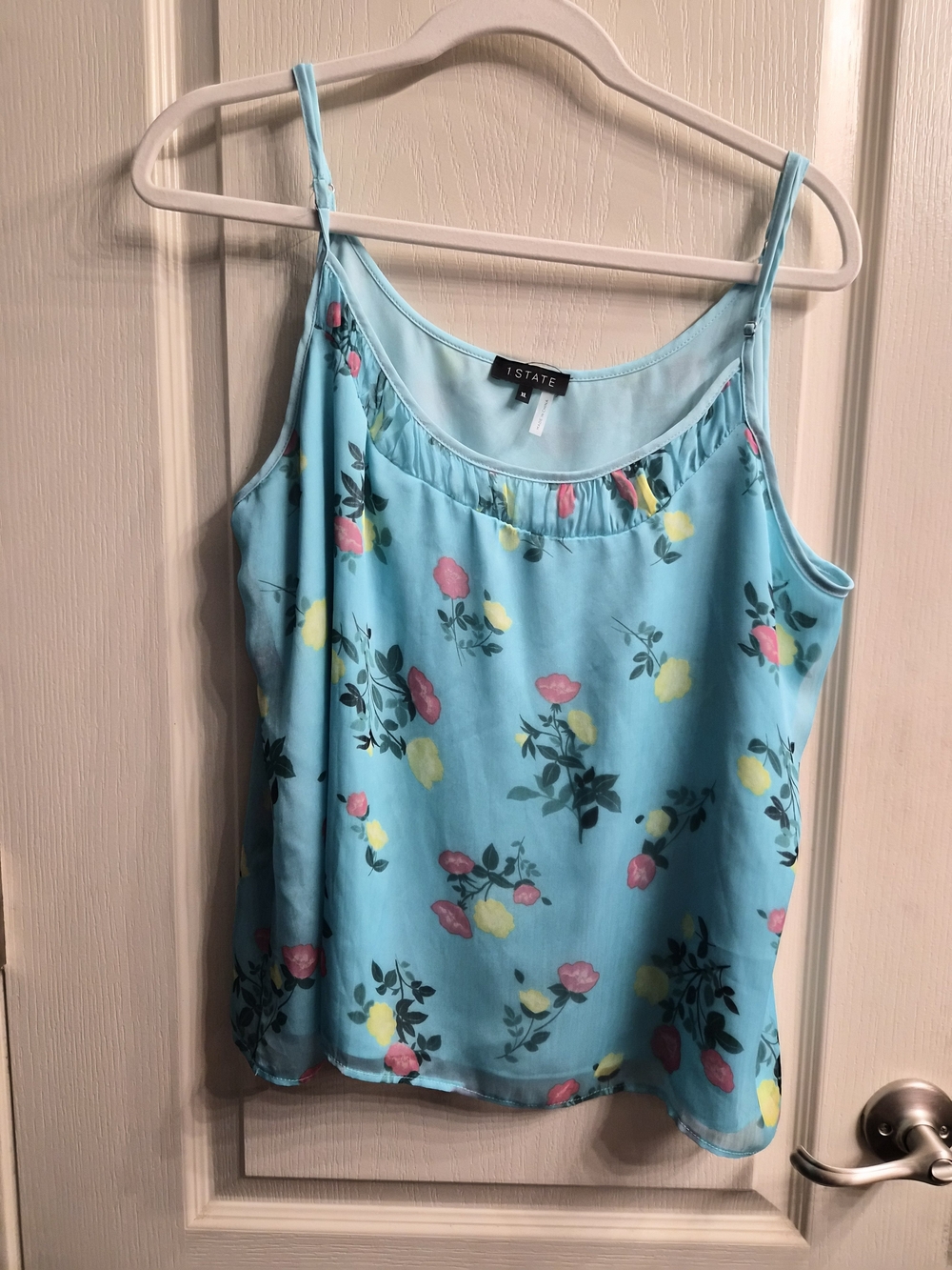 1. State Aqua Floral Satin Camisole with Pink and Yellow Blooms